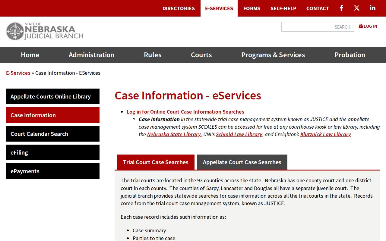 Dawson County court docket case-information eServices page